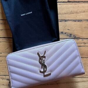 YSL Laurent Pink Sakura Chevron Zippy Continental Wallet SHW Full Set